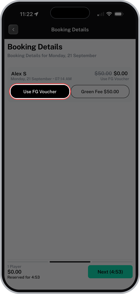 Booking Details with the option to use a Round Voucher highlighted