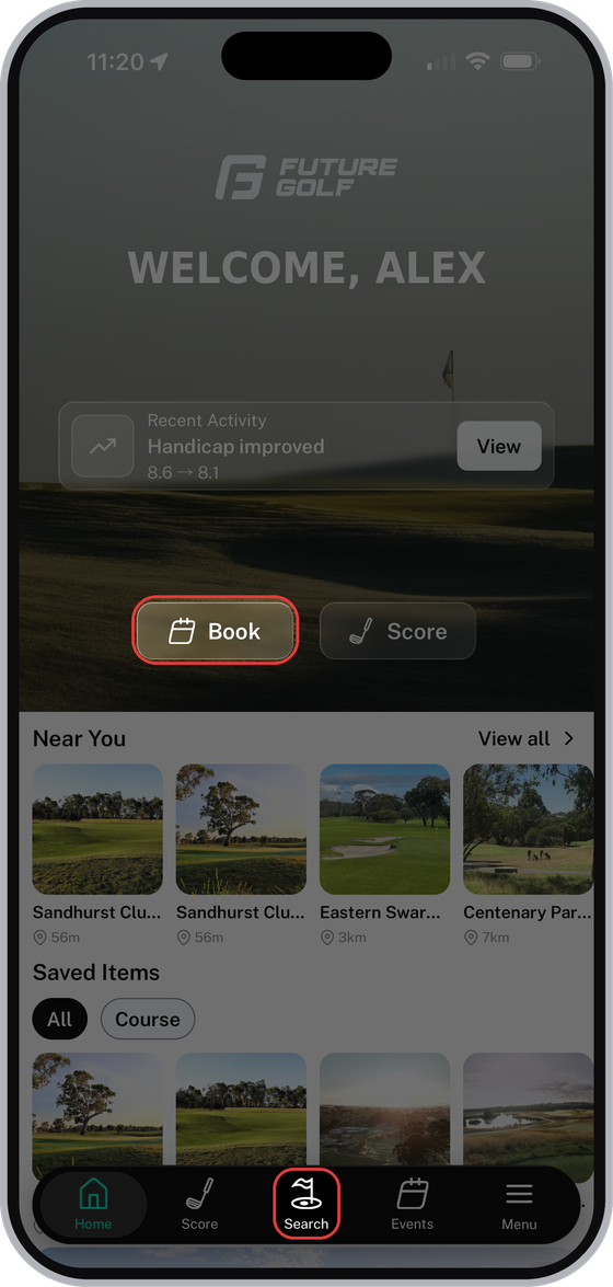Future Golf app home screen with Search highlighted