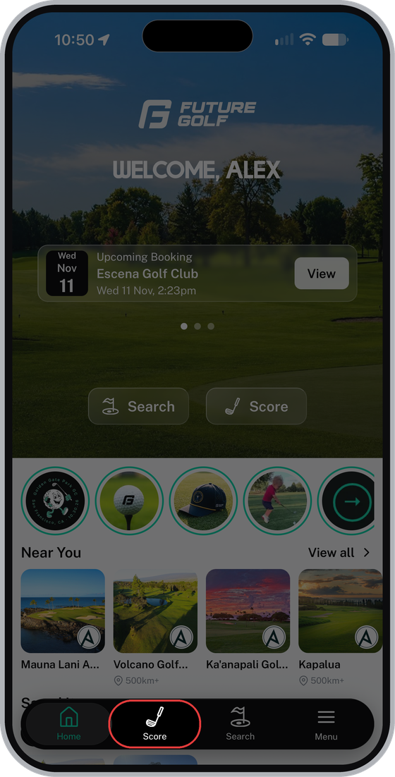 Home screen with Score highlighted in the bottom menu