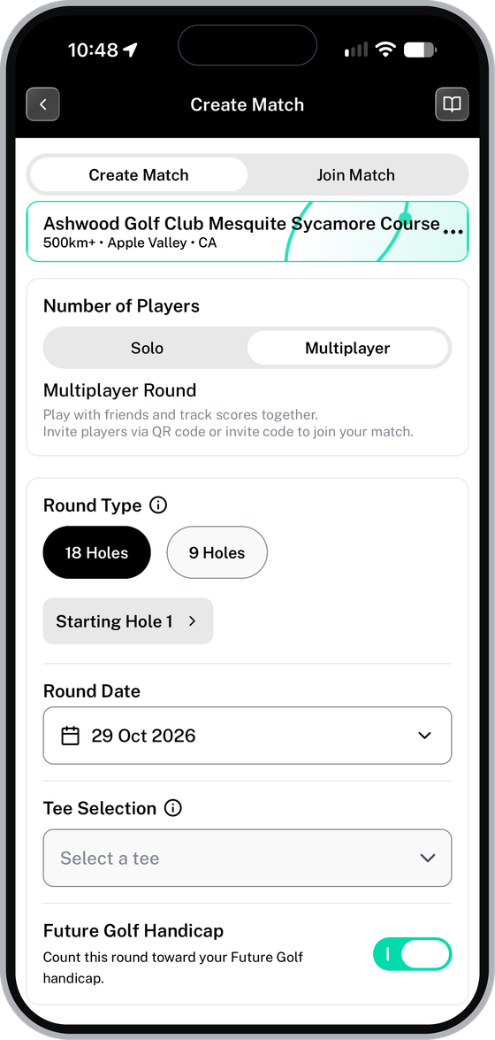 Match setup with course, number of players, round type, date, tee and Future Golf Handicap options