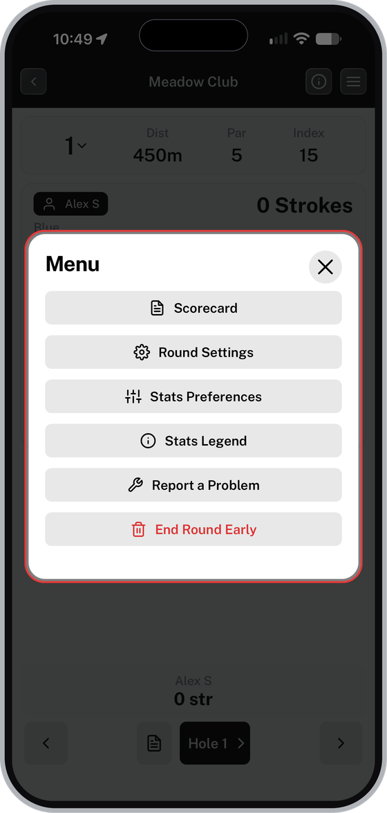 Round menu with Scorecard, Round Settings, Stats Preferences, Stats Legend, Report a Problem and End Round Early highlighted
