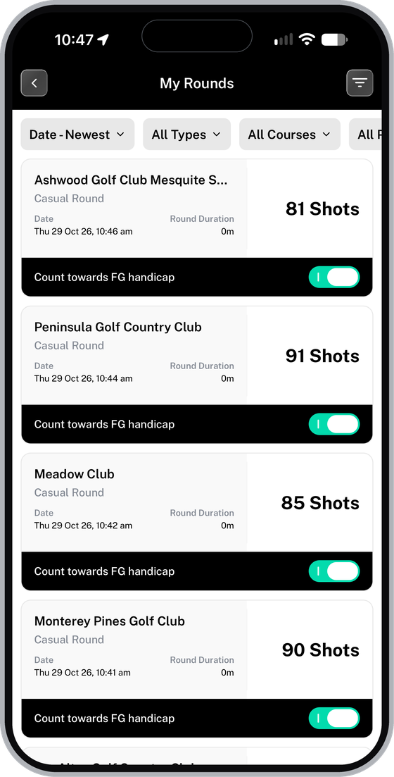 My Rounds history with the Count towards FG handicap switch on each round