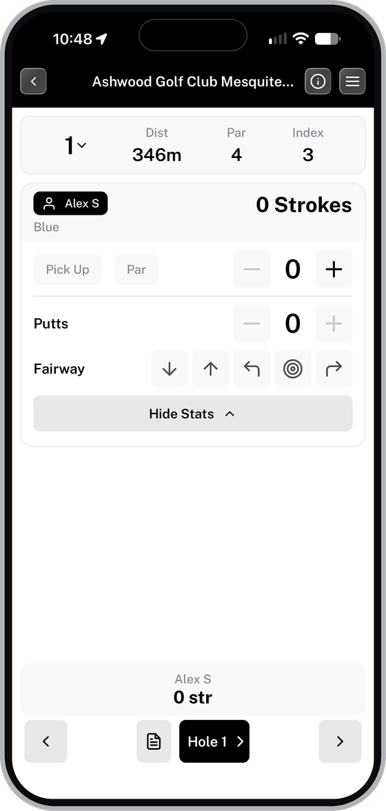 Hole-by-hole scoring screen with strokes, putts and fairway